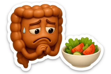 EMOJI STILE IPHONE DI UN INTESTINO UMANO ANATOMICO CHE GUARDA UN INSALATA CON ESPRESSIONE TRISTE E RASSEGNATA IN VOLTO: SOFFRE LA FAME PERCHé è A DIETA, FAGLI ANCHE LA PARTE BIANCA DEGLI OCCHI, NON SOLO LE PUPILLE, IPERREALISTICO 4K sticker