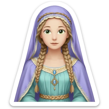 Joven de unos 30 años, de aspecto dulce y elegante.
Piel clara, ojos (pueden ser azules o verdes)
Rubio o castaño claro, largo, con trenzas o velo.
Vestido largo de tonos suaves (blanco, azul o lavanda), con bordados dorados; un manto o toca fina cubriendo la cabeza. Que se vea todo el cuerpo sticker