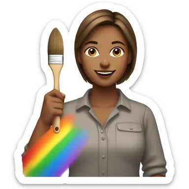 Brown hair woman with a rainbow shirt holding a paintbrush sticker