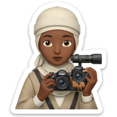 Black Muslim photographer, dark skin tone, dressed in a modest modern outfit, kufi cap, holding a DSLR camera (Canon/Nikon), focused expression, outdoor photoshoot setting, clean depth of field, highly realistic, detailed portrait, 4K. sticker