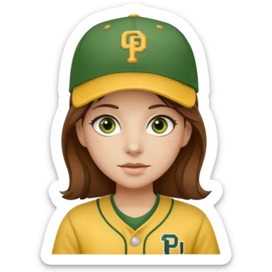 girl with brown hair and green eyes wearing brown and yellow padres gear sticker