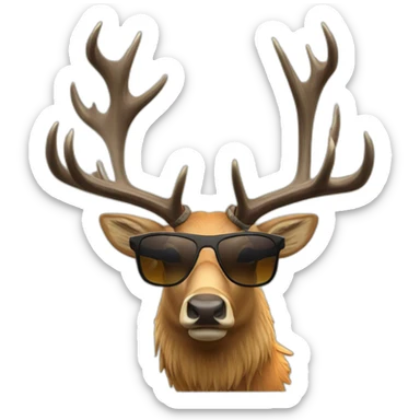Bull elk wearing sunglasses holding a hunting rifle sticker