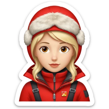 Luxury blonde model, brown eyes, polar explorer, red clothes, skiing outfit sticker