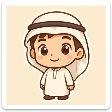 cute cartoon boy wearing a traditional Arab head covering, simple background, big eyes, friendly expression, chibi style sticker