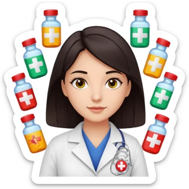 girl with pharmacy badge, dark hair, dark eyes, surrounded by medicine bottles, radiant sunny expression sticker