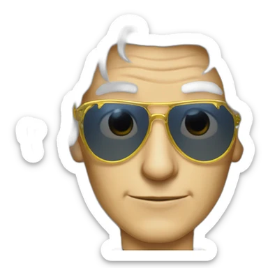 michel polnareff avec des lunettes de soleil blanches, des cheveux longs jaunes et raides, vieux, avec un costume bleu et expression de visage neutre sticker