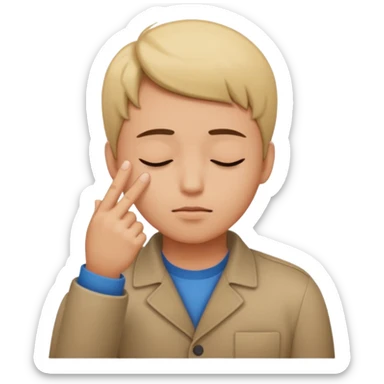 Una persona tocándose la cabeza por la 100 con un dedo índice y los ojos serrados  sticker