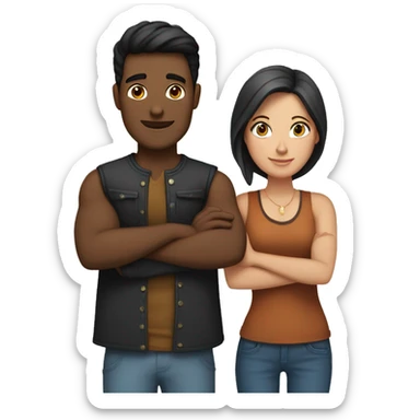 Couple with arms around each other; white woman with blue eyes and brown hair, Indian man with black hair  sticker