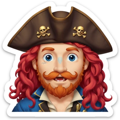 pirate with long curly red hair, blue eyes, strong nose and a chin dimple winking and licking his mouth seductively, no facial hair sticker