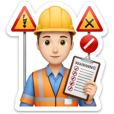 an engineer with a checklist and warning signs sticker