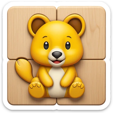A wooden puzzle animal character with interlocking pieces and a happy expression sticker