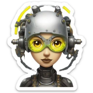 Round faced Caucasian female cyborg head with Neon yellow bobbed hair, silver steampunk goggles and circuits sticker