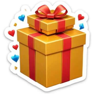 3D emoji style illustration of a big golden gift box with a shiny orange ribbon, a red off-road SUV car jumping out of the box, bright glowing orange background, small playing cards and sparkles flying around, no text, high resolution, square image sticker