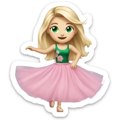 Realistic White girl with Long straight blonde hair, green eyes, tattoos, full body wearing pink tulle dress, dancing sticker