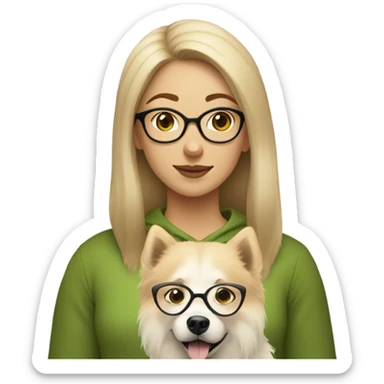 Brown light hair woman aux Green eyes with glasses Green eyes and White beige eurasier dog  sticker
