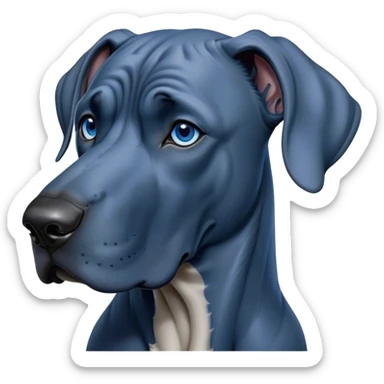 Cinematic Noble Blue Great Dane Portrait Emoji, Poised and regal, with a towering, muscular build and a sleek, well-groomed deep blue Fur, deep-set soulful steel-blue eyes, Simplified yet sharp and sophisticated features, highly detailed, glowing with a cool, dignified glow, high shine, intelligent and commanding, stylized with an air of majesty, focused and attentive, soft glowing outline, capturing the essence of a watchful and authoritative guardian, so majestic it feels as though it could stride out of the screen with effortless authority! sticker