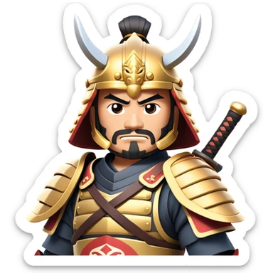 clash-of-clans-aesthetic_-cinematic-fearsome-and-majestic-samurai-bust-portrait-emoji, rendered in a flat, vector-style with minimal shading and bold, simplified shapes typical of emoji art, depicting a battle-hardened samurai with steely eyes and traditional Japanese armor, riding a noble warhorse adorned with an intricately designed saddle and fluttering banners, against a backdrop of cherry blossoms and a rising sun. sticker