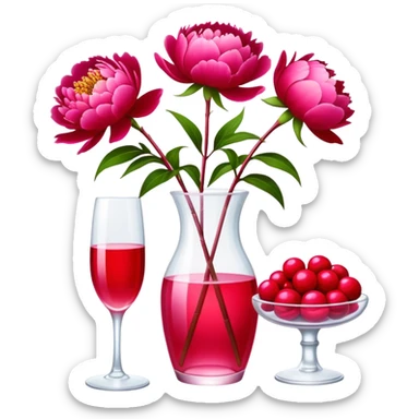 An elegant glass flacon in Champagne Pink glows softly next to vibrant Candy Apple Red peonies. The scene captures a perfect blend of sophistication and bold floral beauty." sticker