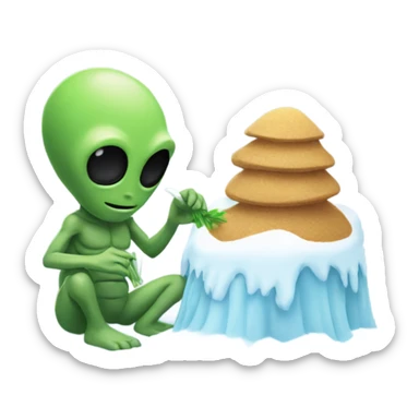 alien holding a small straw next to a mound of snow sticker