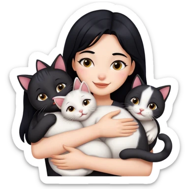 happy girl with black hair hugging three cats   sticker
