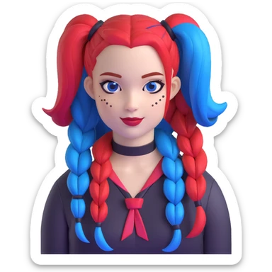hair styled like Harley Quinn with blue and red pigtails sticker