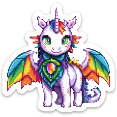 dragon with oversized eyes, rainbow-colored wings, and a unicorn horn sticker