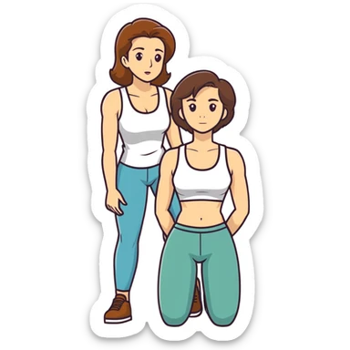  One Caucasian woman with brown hair, big boobs, wearing pants and a tank top, kneeling on the ground. a bald man is behind her holding her hips sticker