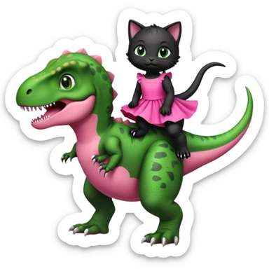 Tyrannosaurus rex with a black kitten riding his back. The black kitten is wearing a pink dress sticker