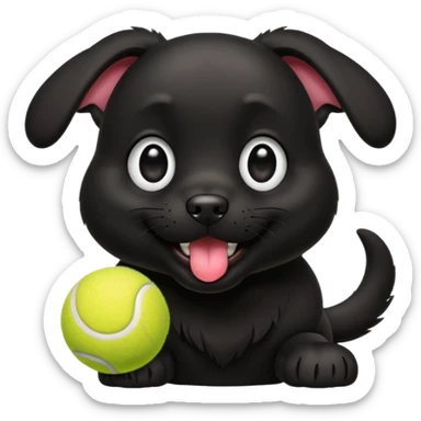 Cute emoji-style illustration of a happy black dog playing with a tennis ball, shiny black fur, joyful expression with tongue out, big expressive eyes, playful pose, vibrant colors, smooth clean lines, high resolution, sticker-style, transparent background sticker