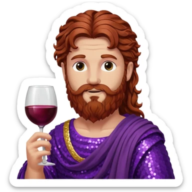 Liber, God of Wine from Roman Deities with long reddish brown wavy hair and beard, purple sequin toga  sticker