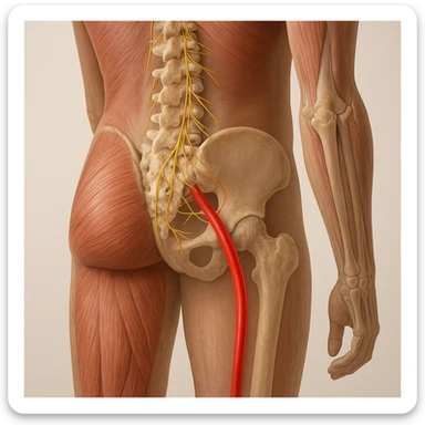 Close-up detail of the lumbar and gluteal area, sciatic nerve highlighted in red starting from the spine, visible muscles and bones, neutral background, 4K quality. sticker