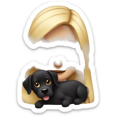 Girl with blonde hair holding a black dog sticker