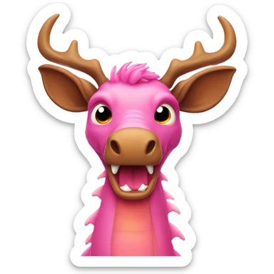 Pink dragon with a brown beard and moose antlers and fire from its mouth sticker