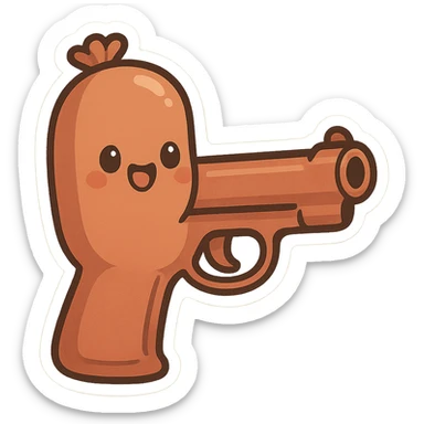 a sausage with pistol features, cute and silly, playful cartoon style sticker
