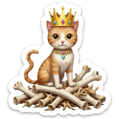 a cat with a crown, standing on a pile of bones, symbolizing triumph over death sticker