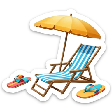 Icon for Beach Tourism: a sunny beach with the sea and waves, a lounge chair, a sun umbrella, and flip-flops on the sandy shore. The background should be a clear, vibrant ocean view with the sun shining brightly. Transparent background. sticker