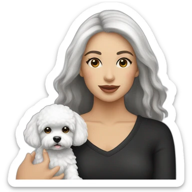 mujer piel blanca pelo largo negro y perro bichon blanco sticker
