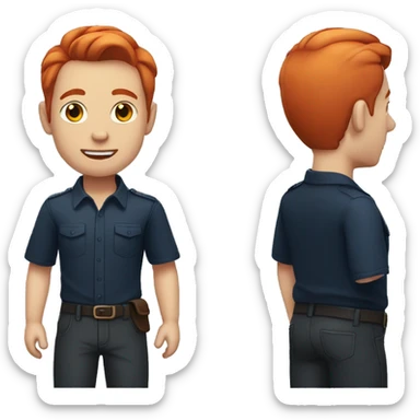 a white man with red dyed hair, shaved on the sides that is dyed black. He is wearing a dark blue button up shirt sticker