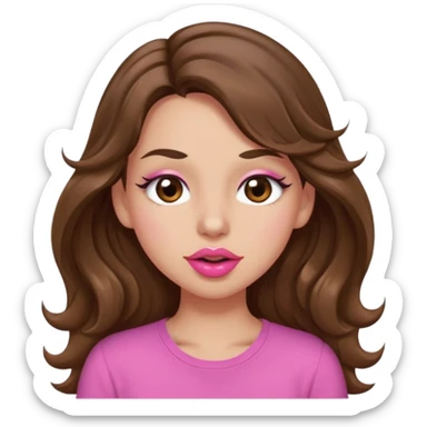 girl with long wavy brown hair, brown eyes, light to medium complexion, in a pink shirt, pink lips, long lashes, puckering lips kissing, winking with one eye sticker