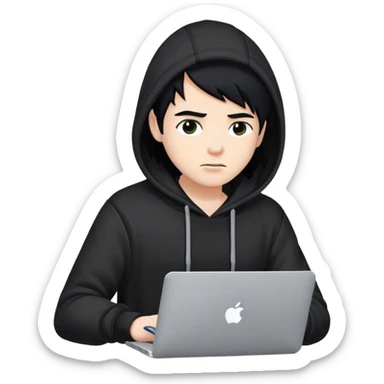 hackeur blanc cheveux noir et capuche noir avec un macbook sticker