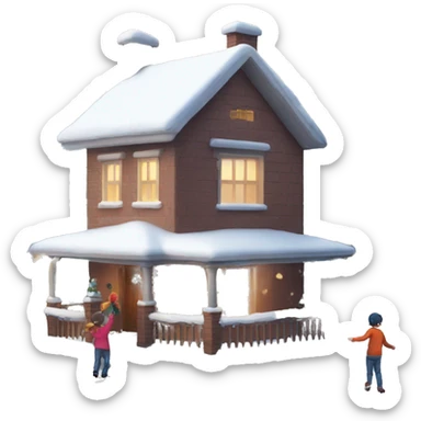 house full of snow on the outside and children playing around it sticker