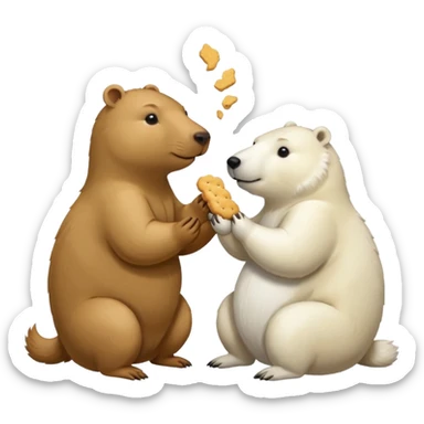 capybara and an snow bear eating biscuits with each other sticker