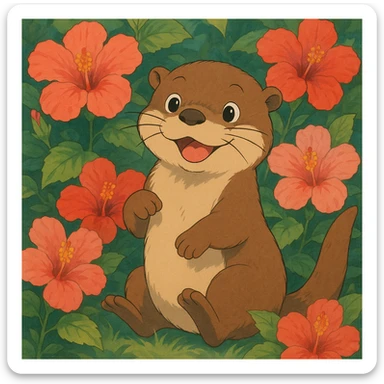 a playful otter surrounded by hibiscus flowers, ghibli style sticker