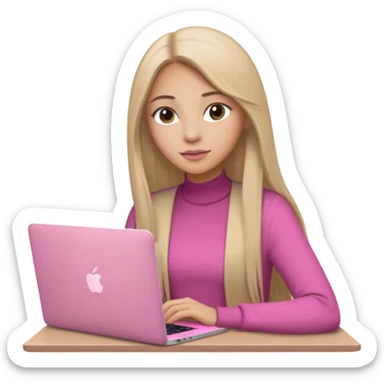 Mujer lacia peli larga y peli larga  en una MacBook rosa investigando y haciendo tareas con un libro de apuntes y con cara muy linda como modelo sticker