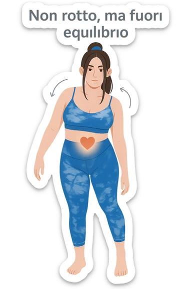 a woman stands in a relaxed pose, with a gentle, confident expression. Her body is shown with subtle, curved lines or arrows indicating areas of imbalance (such as a slight tilt in the shoulders or hips), but no signs of injury or damage. A soft glow or heart symbol at her core emphasizes resilience and the message “Non rotto, ma fuori equilibrio” The background is clean and clinical, with light blue tones. sticker