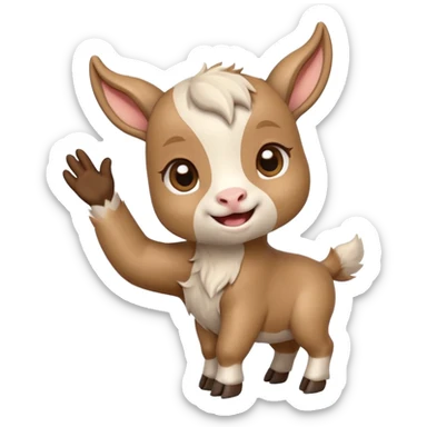 Chibi baby goat with a joyful expression, waving hello with one hoof, simple clean chibi stickers style, designed for a small emote, white background. Make sure that the hoof is not a hand. sticker