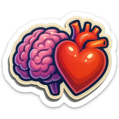 brain and heart together, clear outlines, strong shadows and highlights, psychosomatics and psychology theme, fun and not too complex sticker