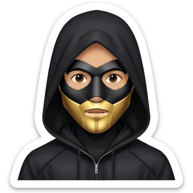 man with black hooded jacket and a full-black full-face geometric mask sticker