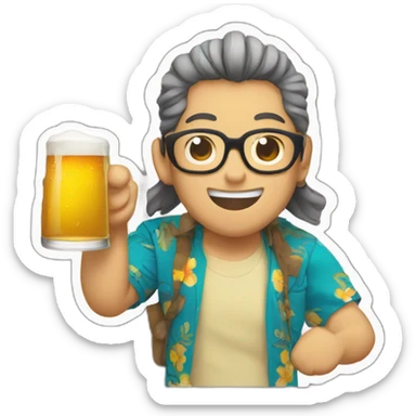 Japanese wearing glasses alohashirt is holding beer sticker