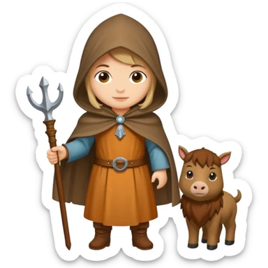 vorrei un piccolo buffo pellegrino medievale con abito e cappuccio marrone sotto la pioggia in stile stickers  sticker